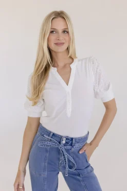 Autumn Short Sleeve Eyelet Rib Knit Top White