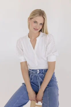 Autumn Short Sleeve Eyelet Rib Knit Top White
