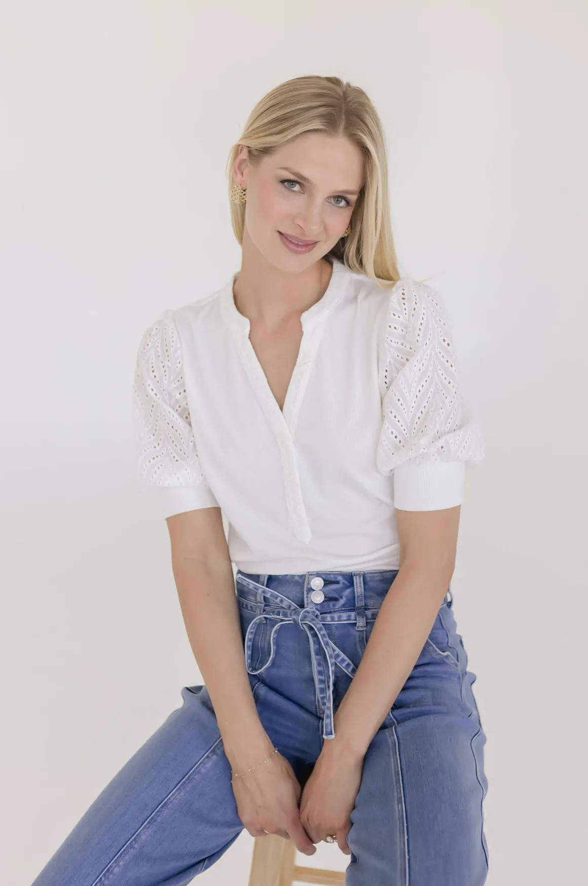 Autumn Short Sleeve Eyelet Rib Knit Top White