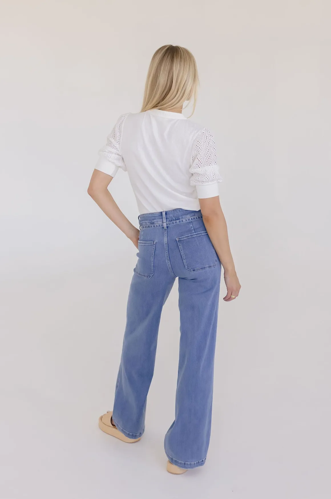Autumn Short Sleeve Eyelet Rib Knit Top White