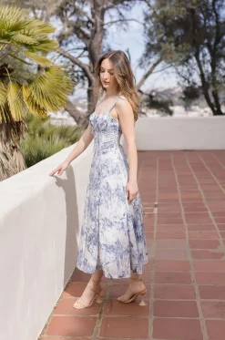 Beatrice Sleeveless Printed Corset Midi Dress Blue