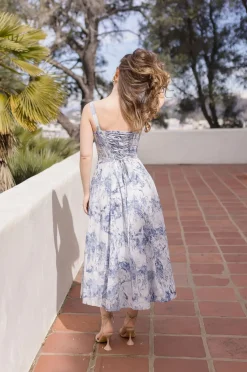 Beatrice Sleeveless Printed Corset Midi Dress Blue