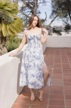 Beatrice Sleeveless Printed Corset Midi Dress Blue