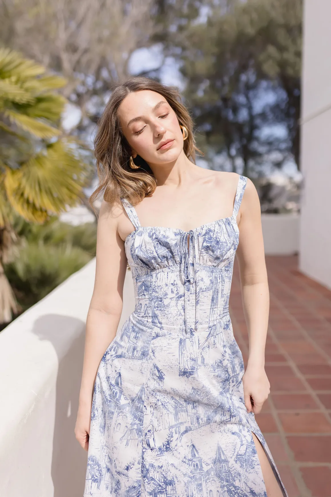 Beatrice Sleeveless Printed Corset Midi Dress Blue