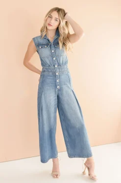 Becca Sleeveless Button Down Denim Jumpsuit Medium Wash