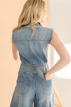 Becca Sleeveless Button Down Denim Jumpsuit Medium Wash
