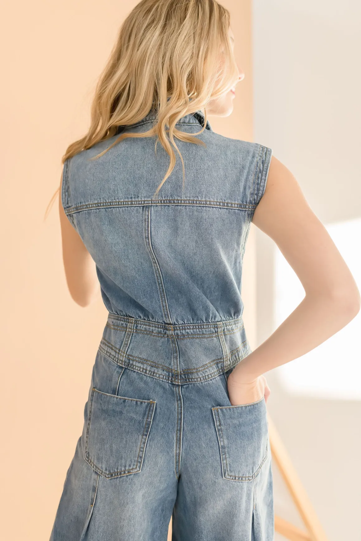Becca Sleeveless Button Down Denim Jumpsuit Medium Wash
