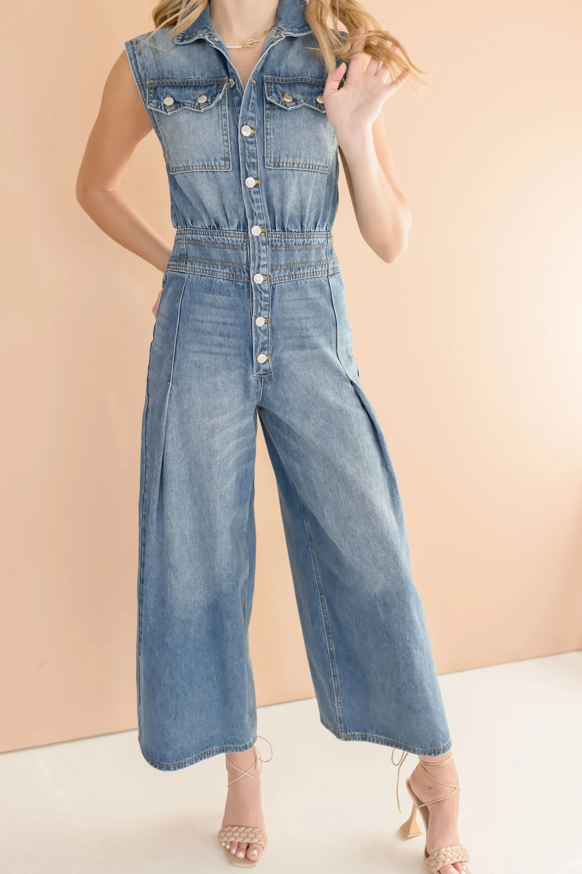 Becca Sleeveless Button Down Denim Jumpsuit Medium Wash