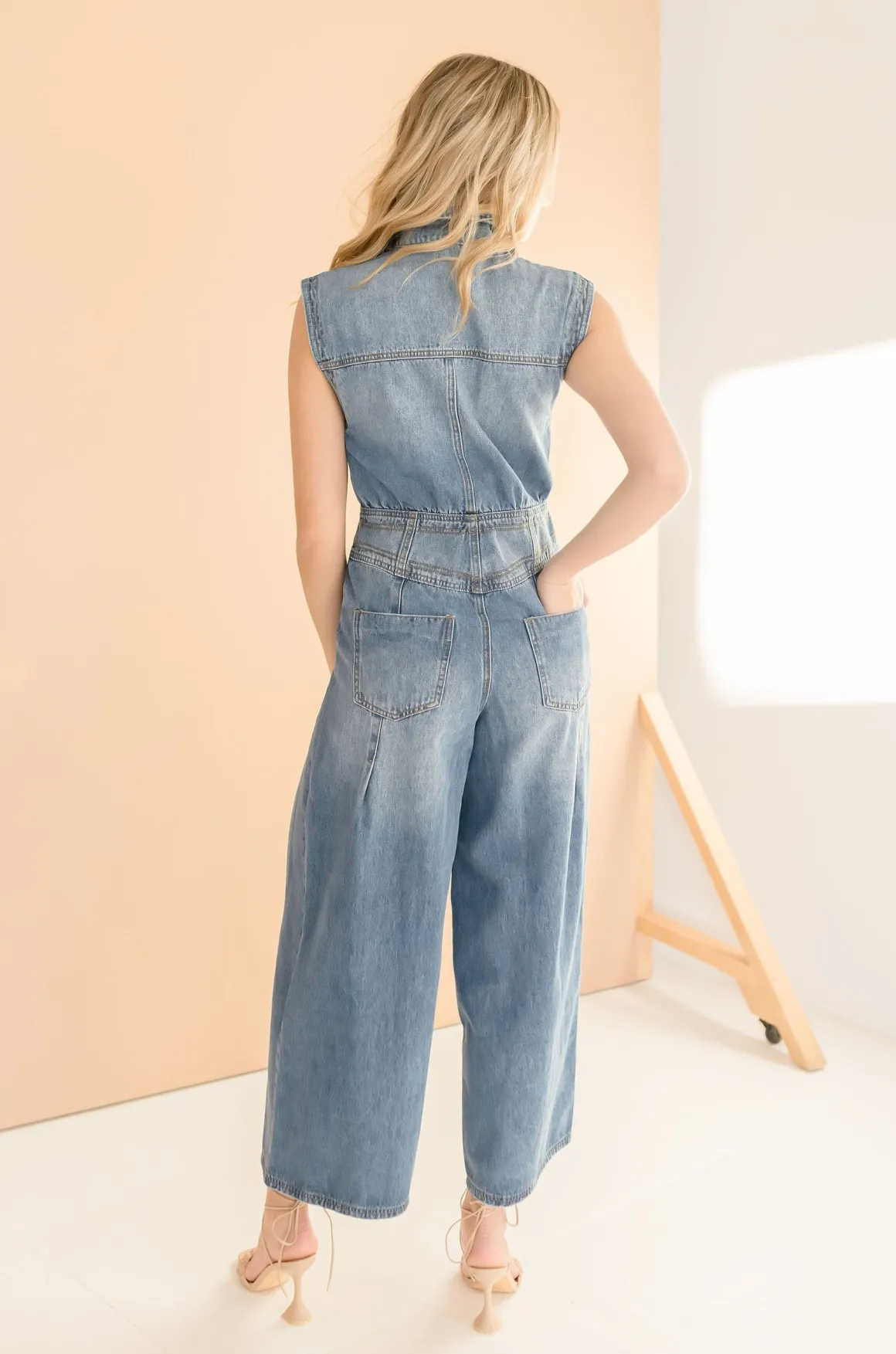 Becca Sleeveless Button Down Denim Jumpsuit Medium Wash