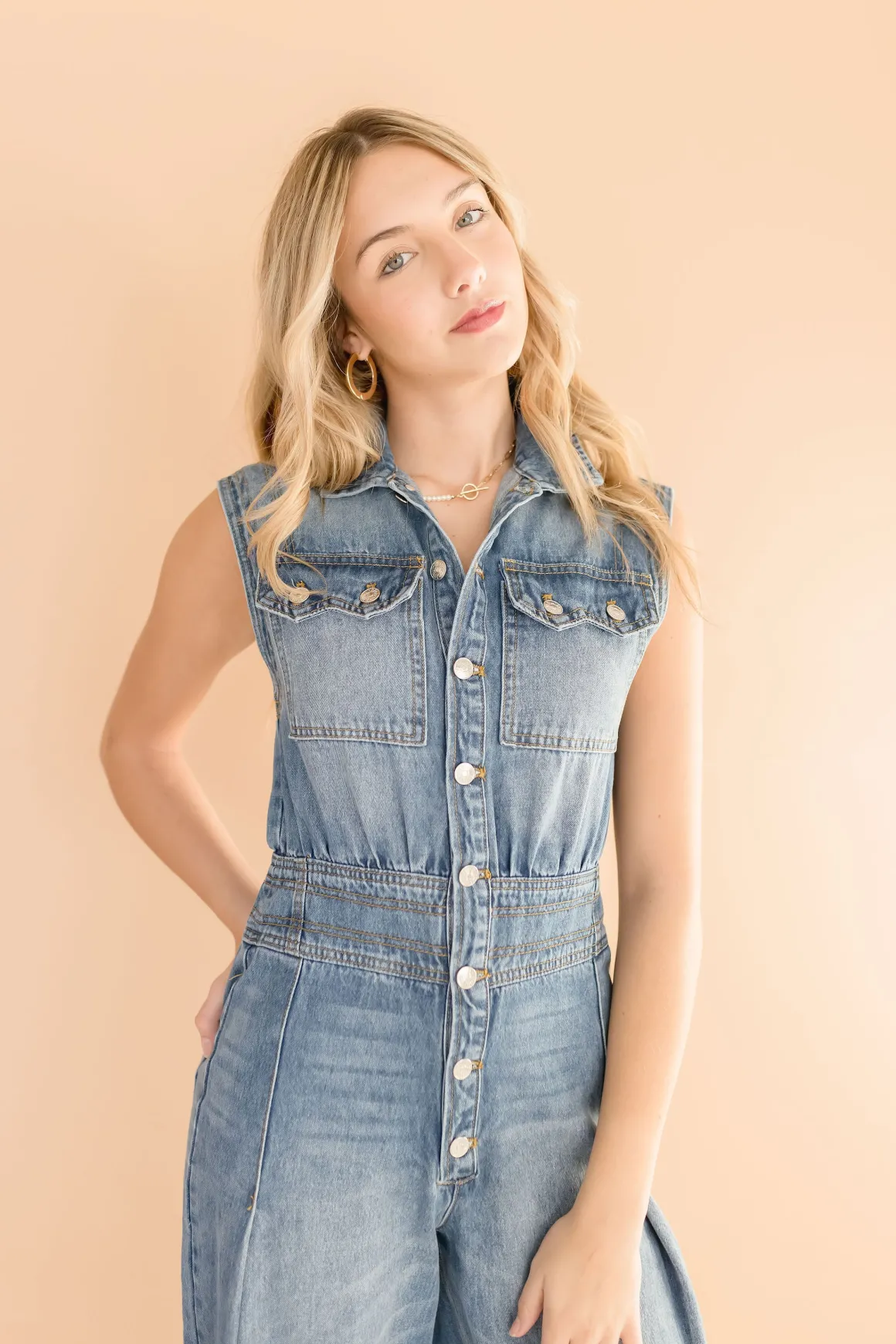 Becca Sleeveless Button Down Denim Jumpsuit Medium Wash