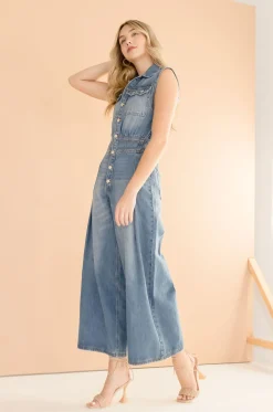 Becca Sleeveless Button Down Denim Jumpsuit Medium Wash