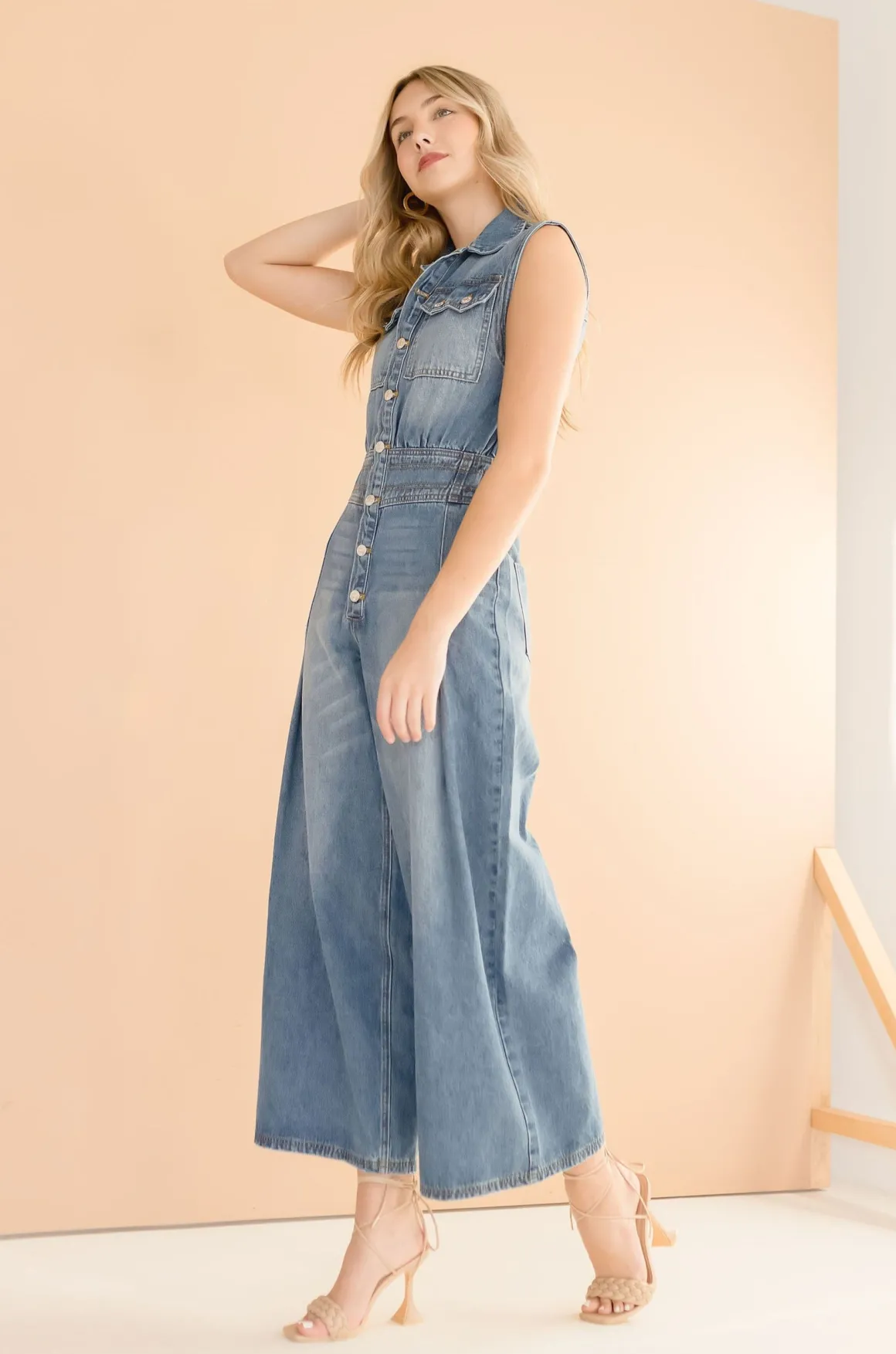Becca Sleeveless Button Down Denim Jumpsuit Medium Wash