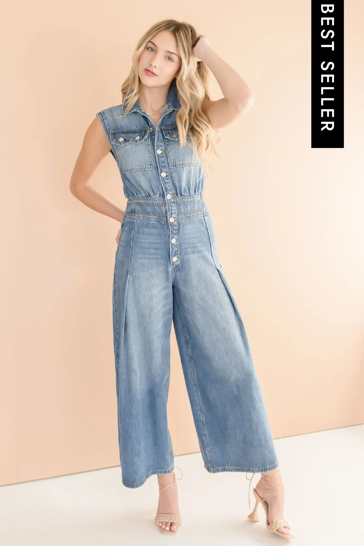 Becca Sleeveless Button Down Denim Jumpsuit Medium Wash
