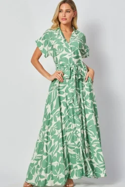 Becky Short Sleeve Button Down Leaf Print Maxi Dress Green