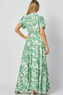 Becky Short Sleeve Button Down Leaf Print Maxi Dress Green