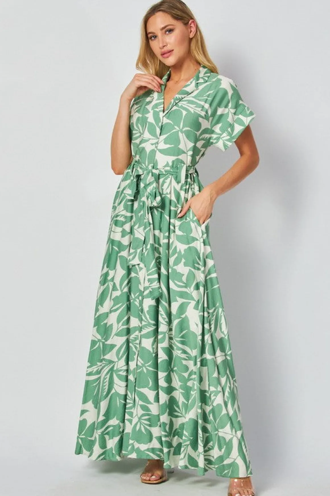 Becky Short Sleeve Button Down Leaf Print Maxi Dress Green