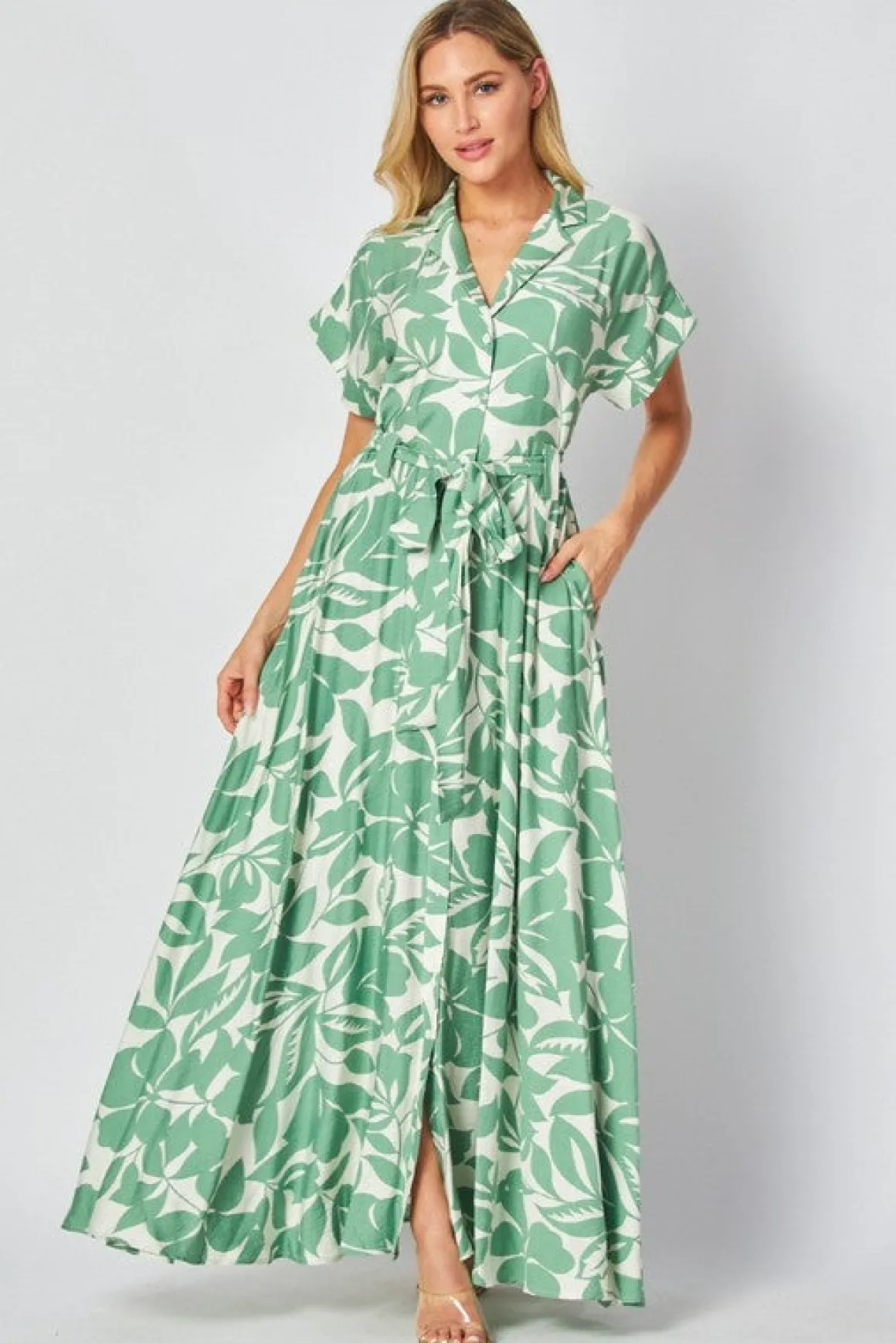 Becky Short Sleeve Button Down Leaf Print Maxi Dress Green