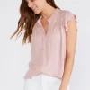 Belle Short Flutter Sleeve Button Down Top Blush