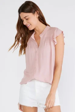 Belle Short Flutter Sleeve Button Down Top Blush