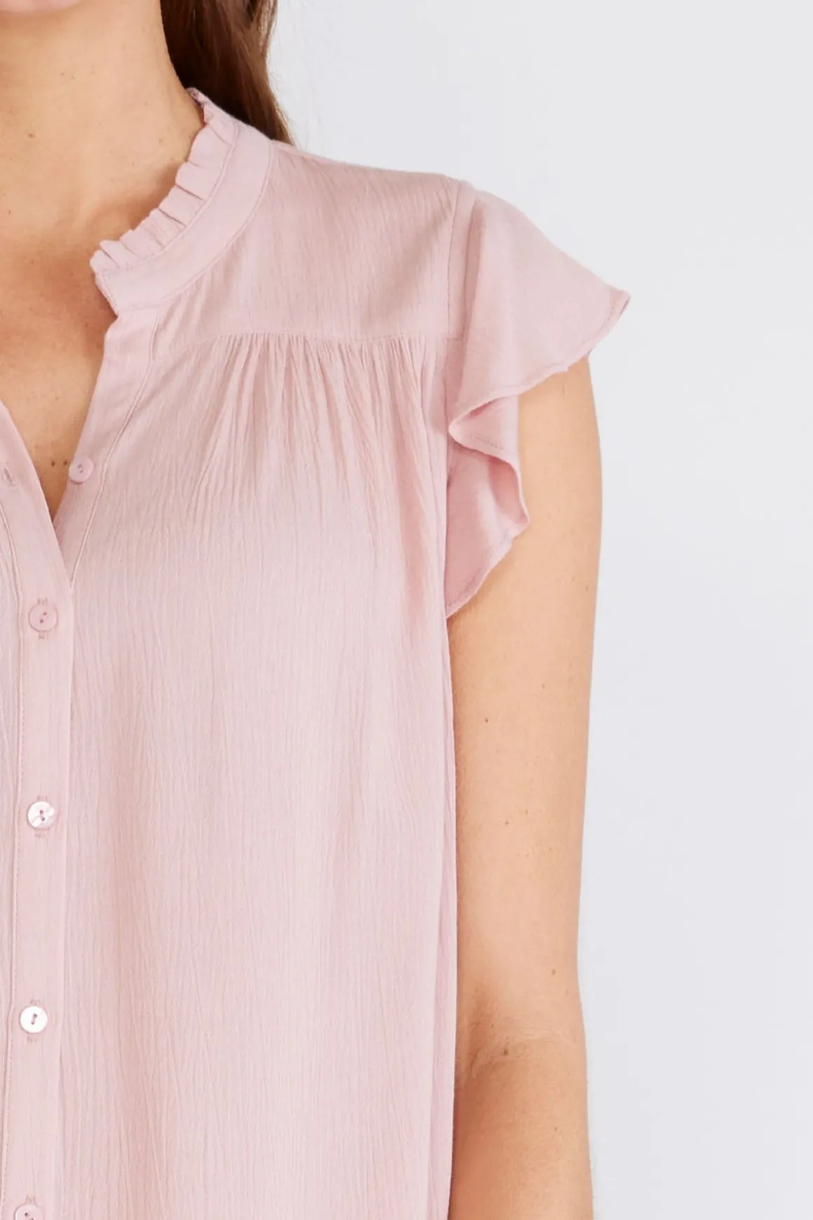 Belle Short Flutter Sleeve Button Down Top Blush