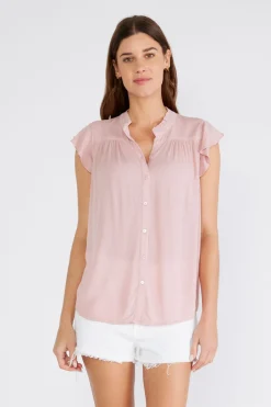 Belle Short Flutter Sleeve Button Down Top Blush