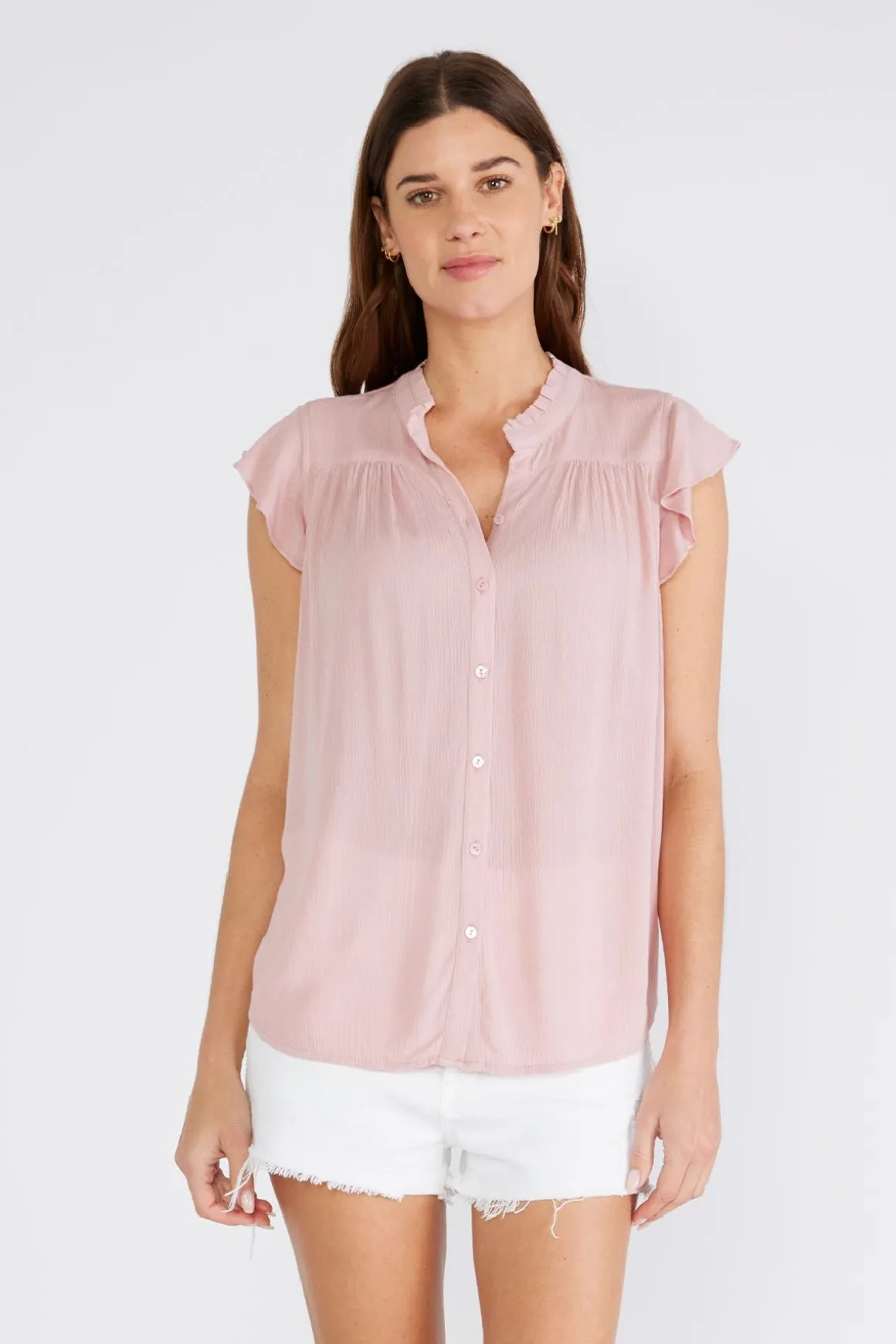 Belle Short Flutter Sleeve Button Down Top Blush
