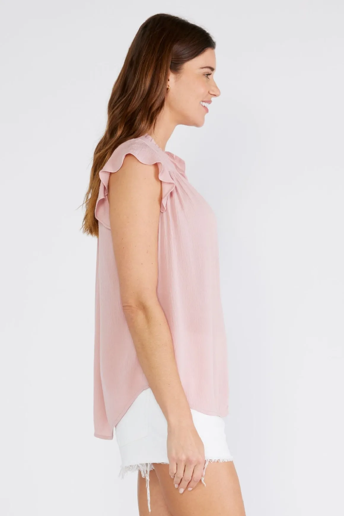 Belle Short Flutter Sleeve Button Down Top Blush