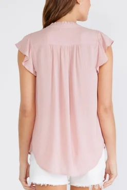 Belle Short Flutter Sleeve Button Down Top Blush