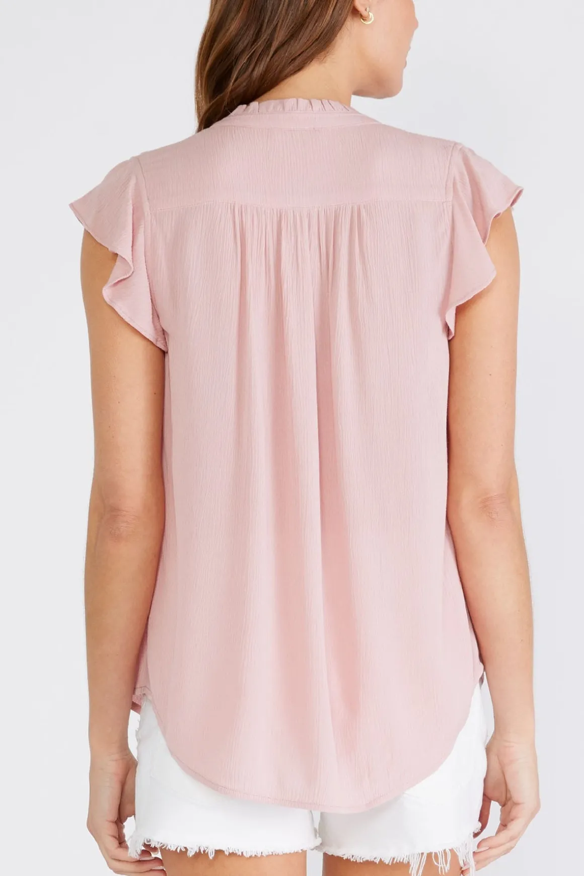 Belle Short Flutter Sleeve Button Down Top Blush
