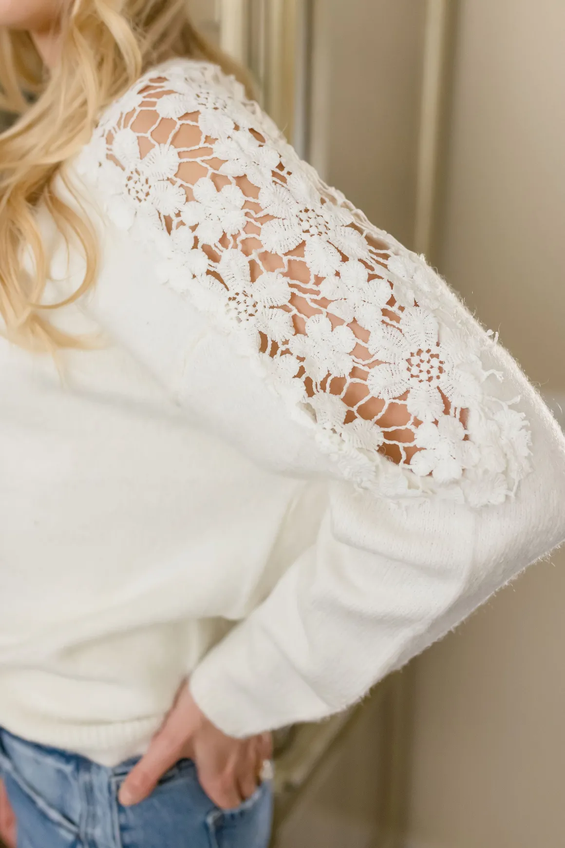 Beth Long Crochet Sleeve Sweater Top White