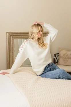Beth Long Crochet Sleeve Sweater Top White