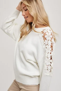 Beth Long Crochet Sleeve Sweater Top White
