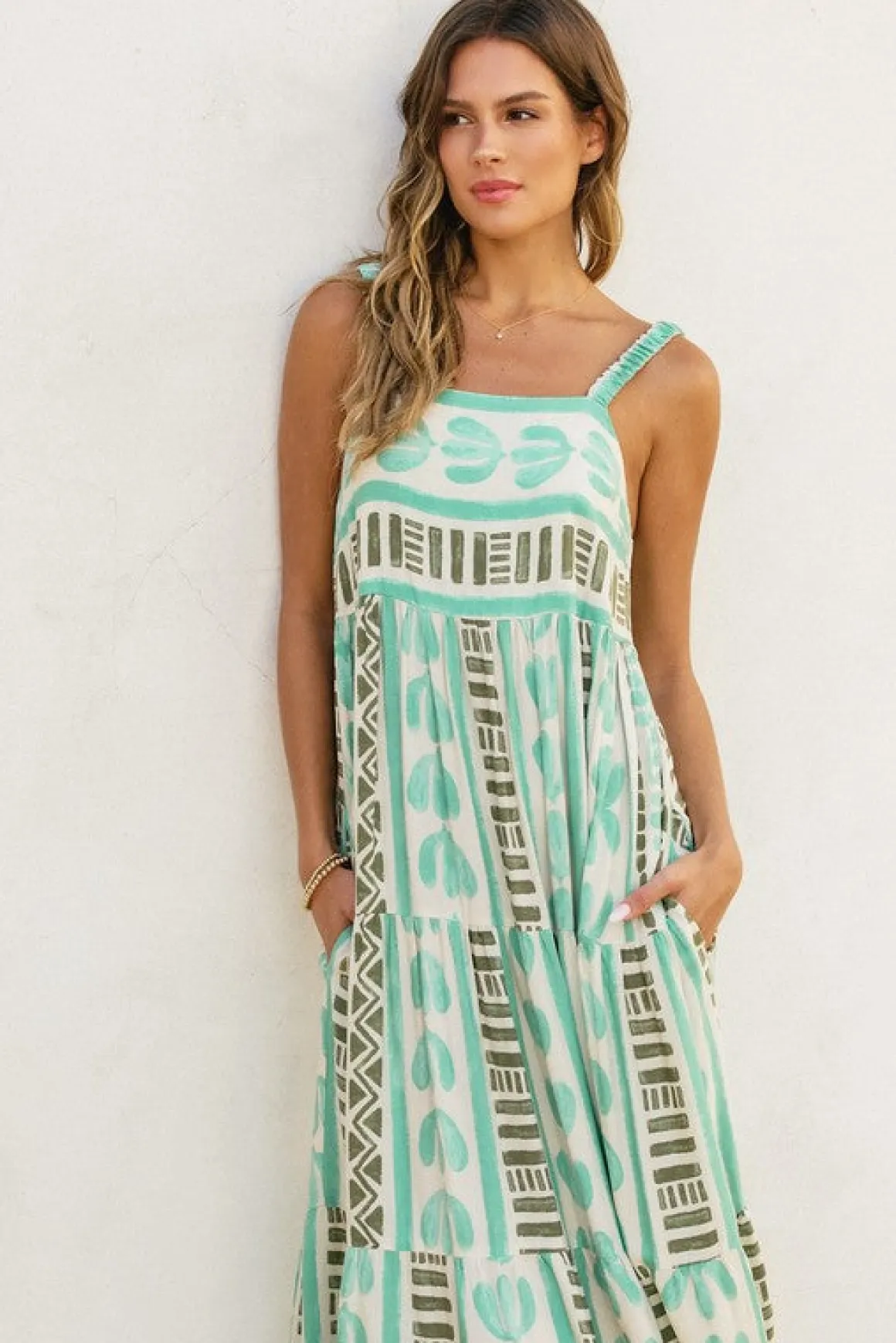 Bethany Sleeveless Abstract Print Maxi Dress Green