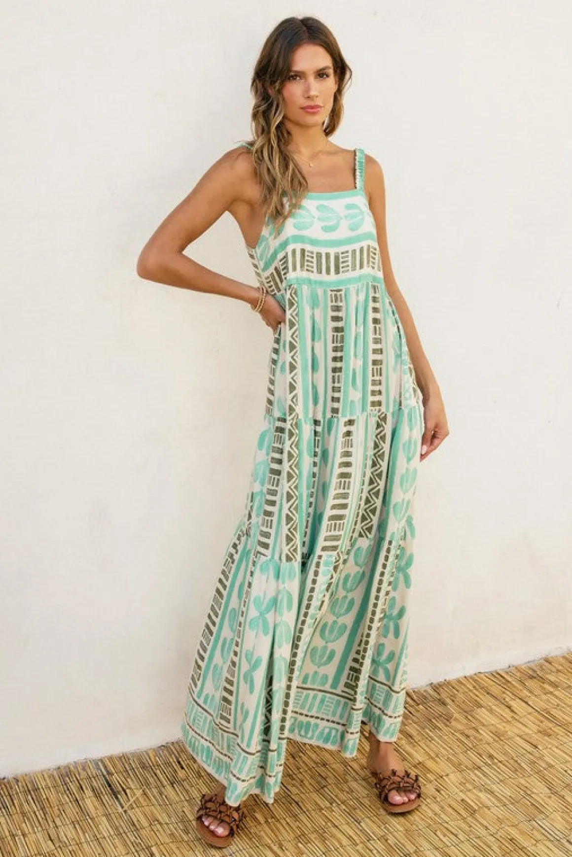 Bethany Sleeveless Abstract Print Maxi Dress Green