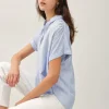 Beverly Short Sleeve Button Down Stripe Print Top Blue