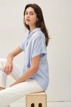 Beverly Short Sleeve Button Down Stripe Print Top Blue