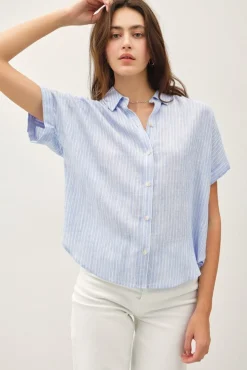 Beverly Short Sleeve Button Down Stripe Print Top Blue