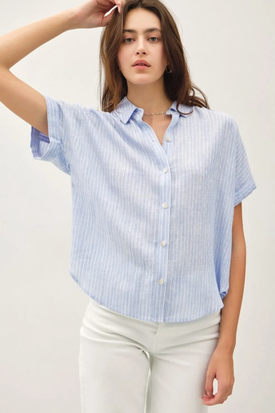 Beverly Short Sleeve Button Down Stripe Print Top Blue
