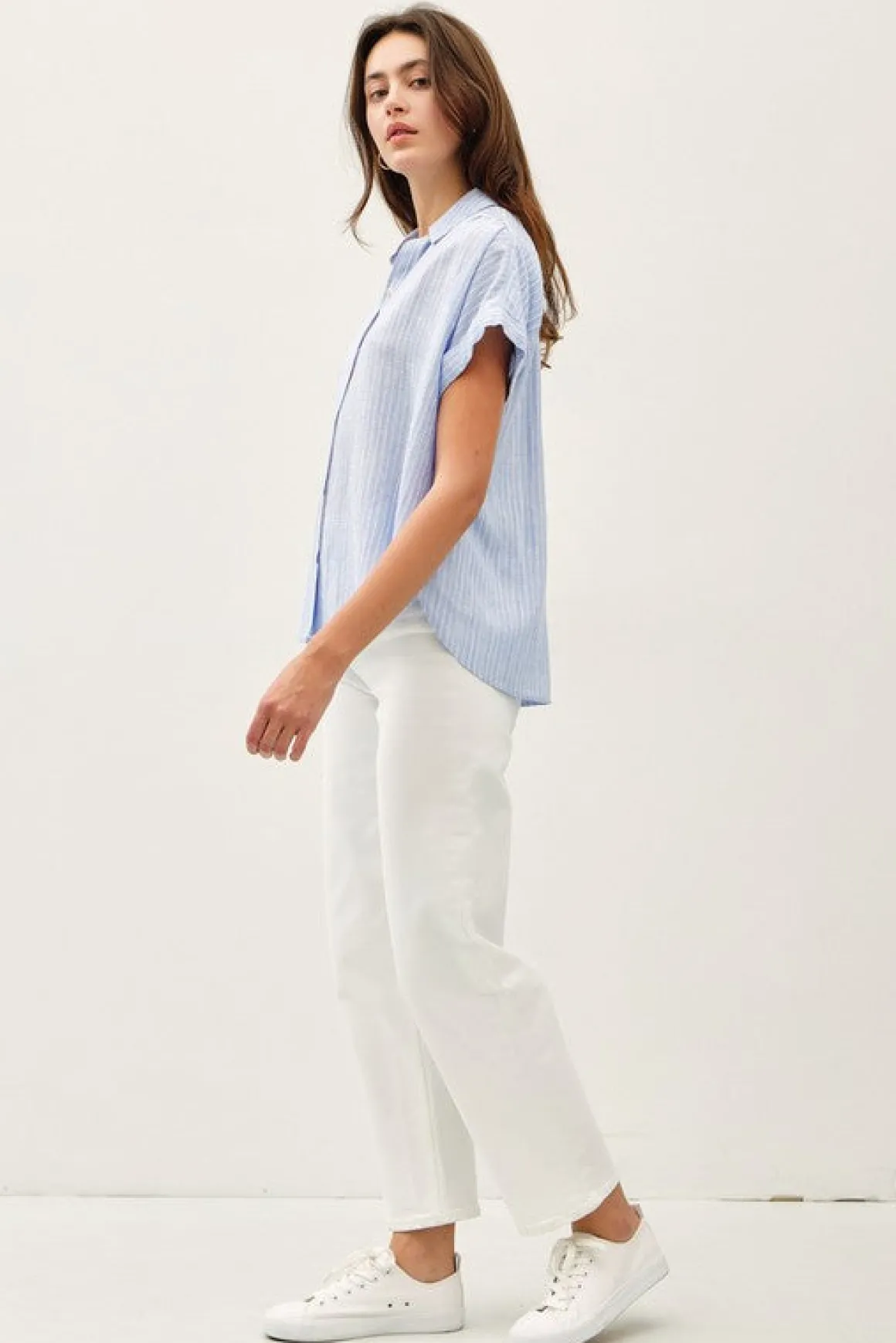 Beverly Short Sleeve Button Down Stripe Print Top Blue
