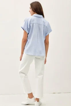 Beverly Short Sleeve Button Down Stripe Print Top Blue
