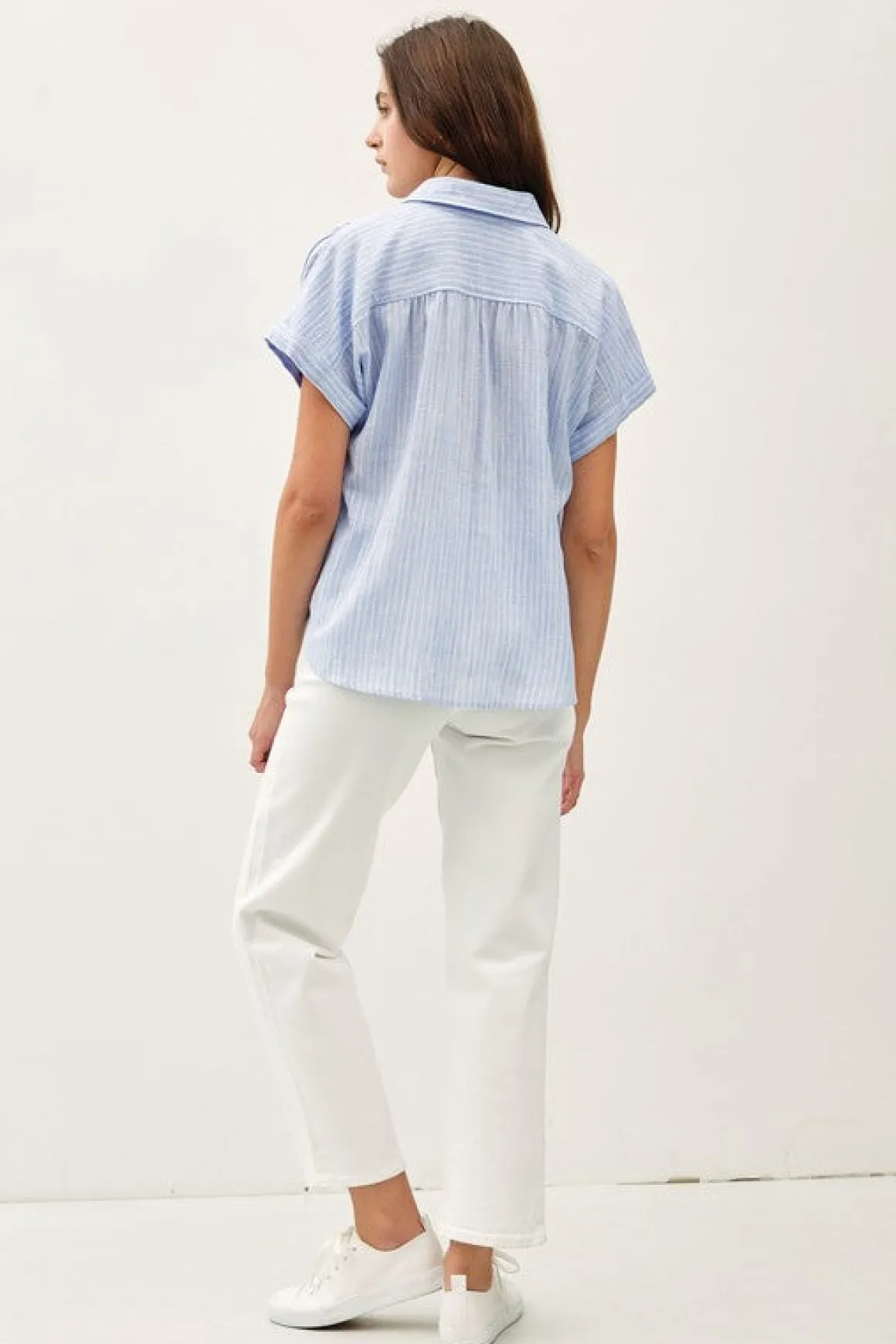 Beverly Short Sleeve Button Down Stripe Print Top Blue