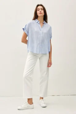 Beverly Short Sleeve Button Down Stripe Print Top Blue