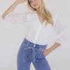 Billie 3/4 Puff Sleeve Button Down Eyelet Top White