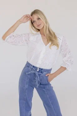 Billie 3/4 Puff Sleeve Button Down Eyelet Top White