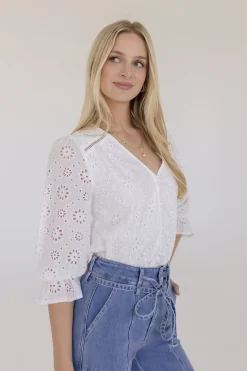 Billie 3/4 Puff Sleeve Button Down Eyelet Top White