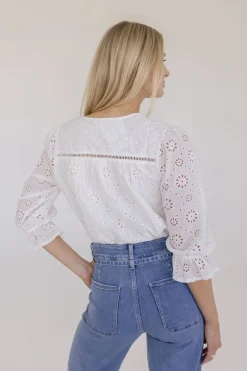 Billie 3/4 Puff Sleeve Button Down Eyelet Top White