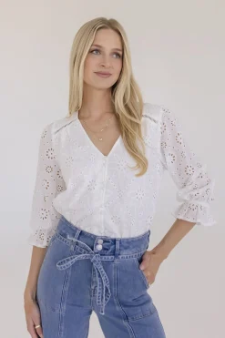 Billie 3/4 Puff Sleeve Button Down Eyelet Top White