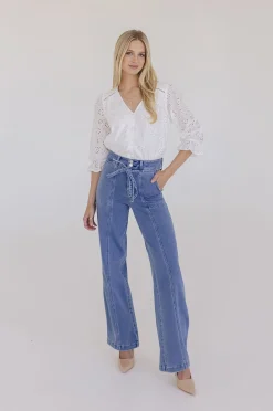 Billie 3/4 Puff Sleeve Button Down Eyelet Top White