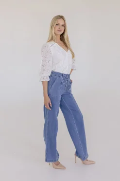 Billie 3/4 Puff Sleeve Button Down Eyelet Top White