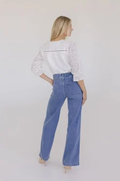 Billie 3/4 Puff Sleeve Button Down Eyelet Top White